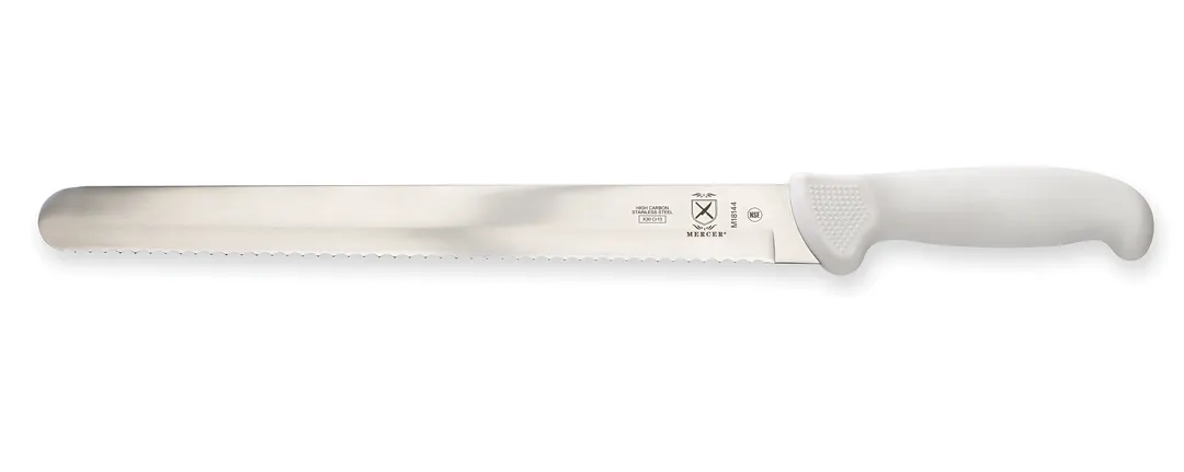 Mercer M18144 12" Stamped Jpn Steel Slicer, Wavy Edge, White Handle with Finger Points & Guard – NSF