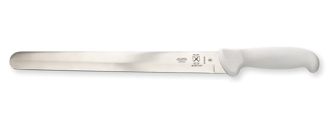 Mercer M18146 White 12" Stamped Slicer Knife, Japanese Steel, Plastic Handle with Guard, NSF