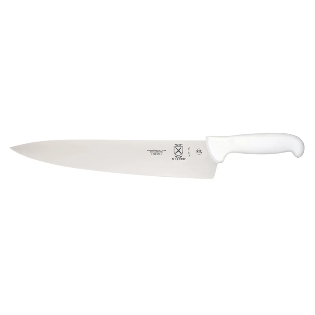 Mercer M18150 Chef Knife, 12" Stamped Carbon Steel, White Plastic Handle with Guard - NSF