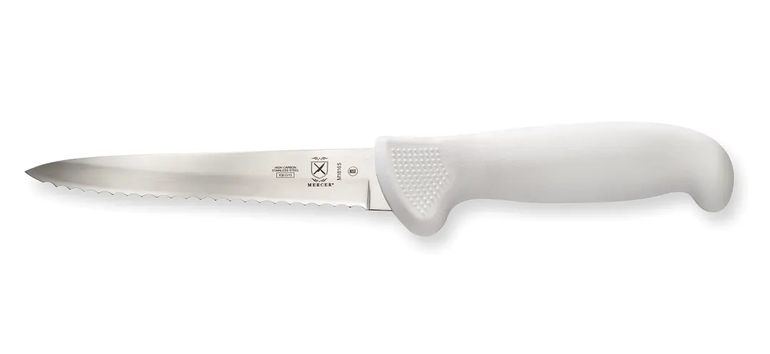 Mercer M18165 Utility Knife, 5" Stamped Carbon Steel Blade, Wavy Edge, White Plastic Handle Guard