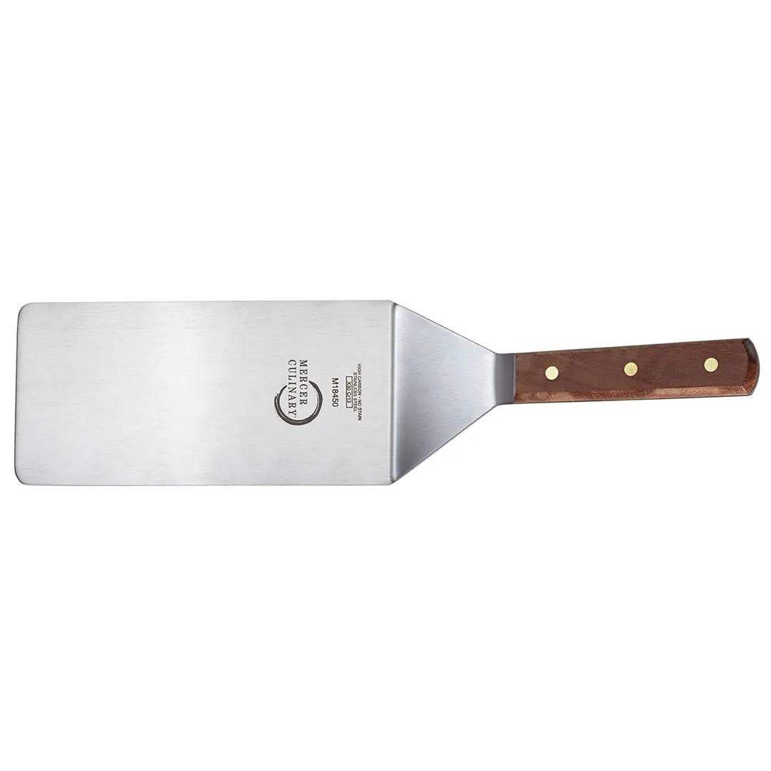 Mercer M18450 - 8" x 4" Stainless Steel Turner, 16" Length, Rosewood Handle, 3 Brass Rivets