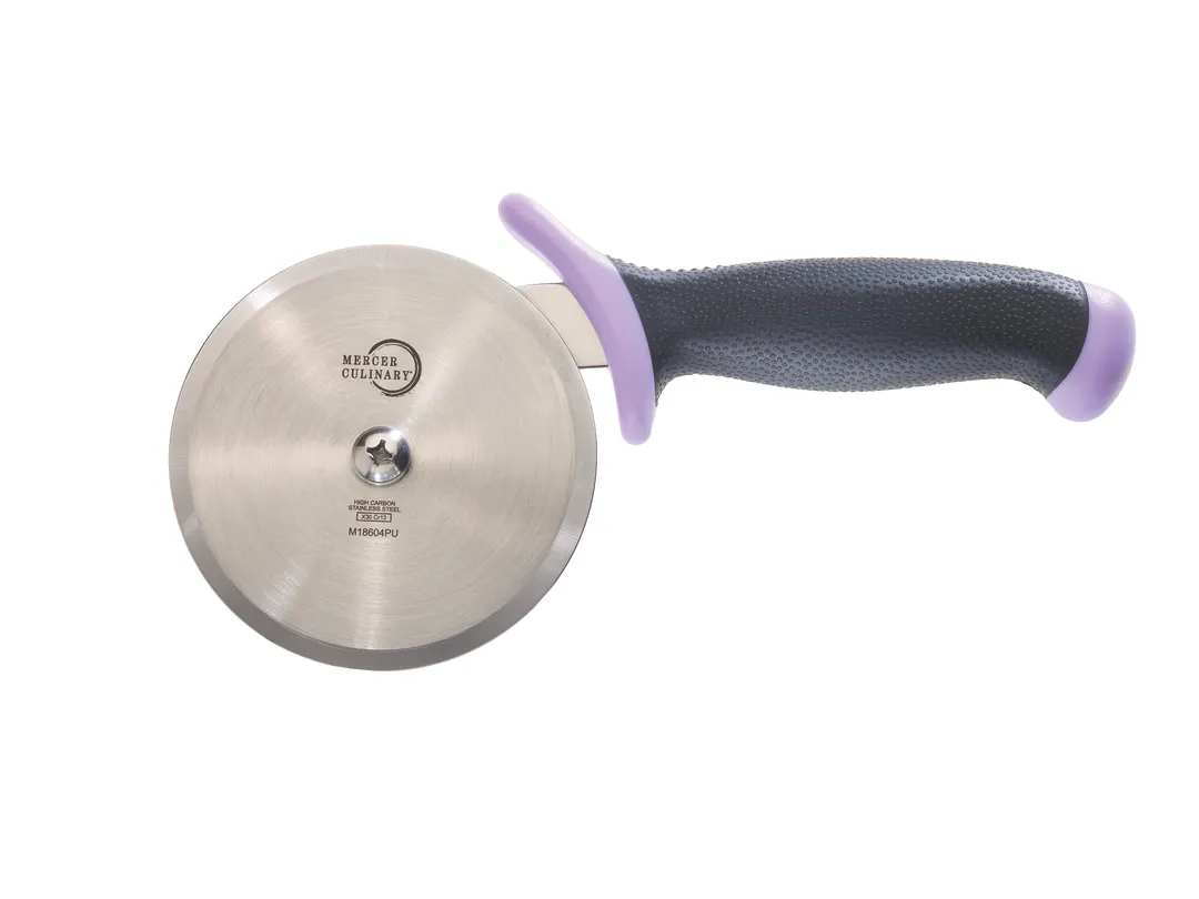 Mercer M18604PU Pizza Cutter, 4" Blade High‑Carbon Steel, Santoprene/Polypropylene Purple Handle