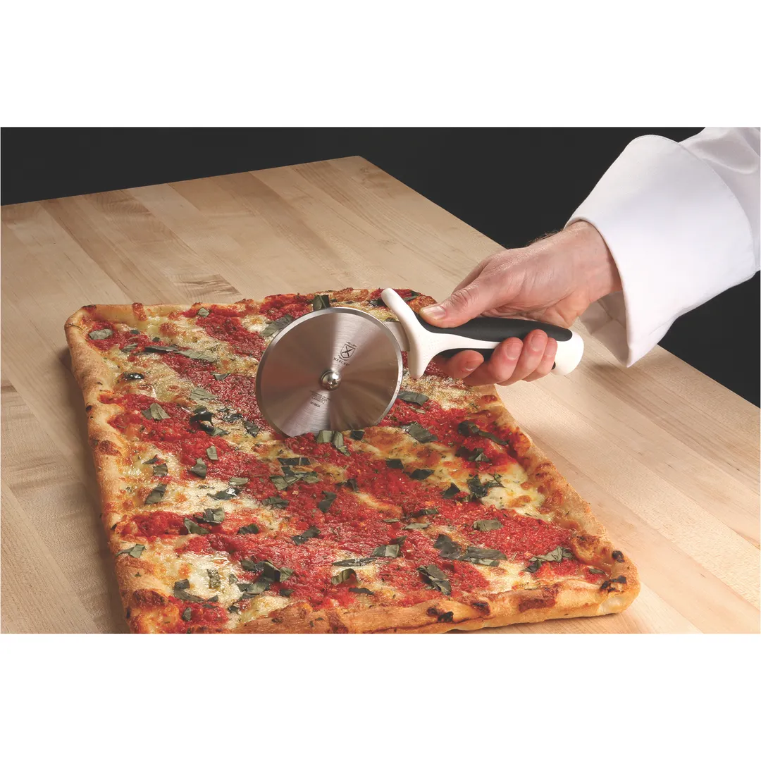 Mercer M18604WH Pizza Cutter – 4" Blade, Japanese Steel, White Santoprene & Polypropylene Handle