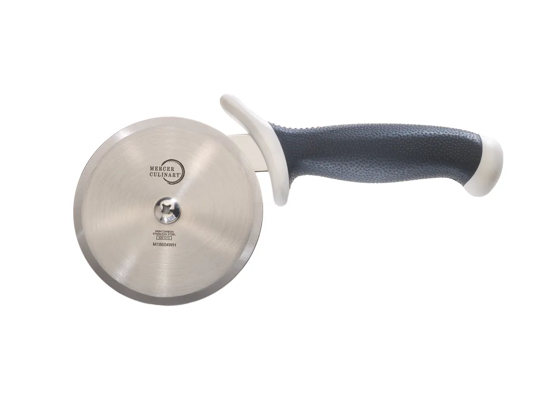 Mercer M18604WH Pizza Cutter – 4" Blade, Japanese Steel, White Santoprene & Polypropylene Handle