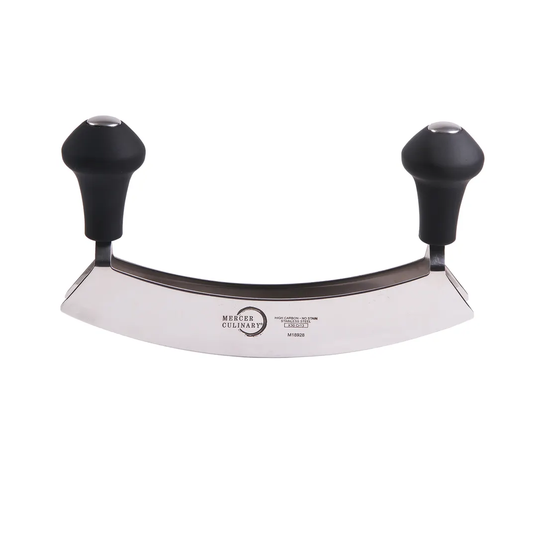 Mercer M18928 Mezzaluna Knife, 8" Double Blade, Japanese High Carbon Steel, Dual Rubber Knob Handles