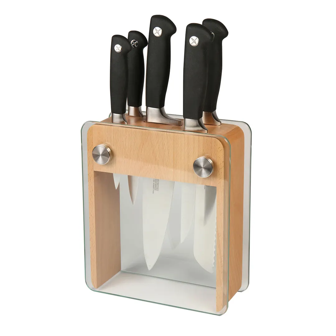 Mercer M20050 Genesis 6‑Piece Knife Set, 5"–8" U/B/C/Bon/Par, Steel Black Block NSF