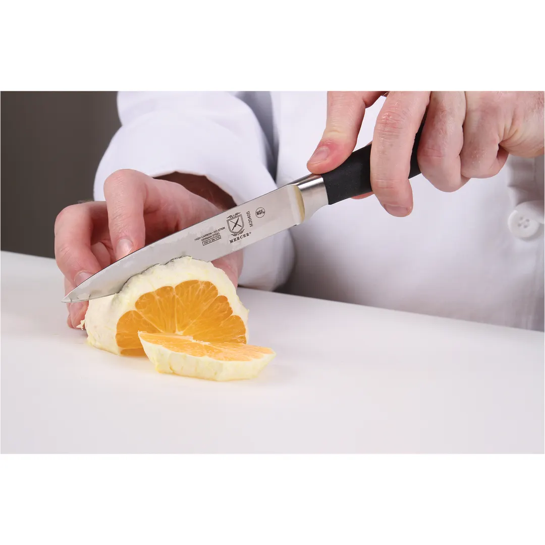 Mercer M20405 5" Forged High‑Carbon Stainless Steel Utility Knife, Black Santoprene Handle, NSF
