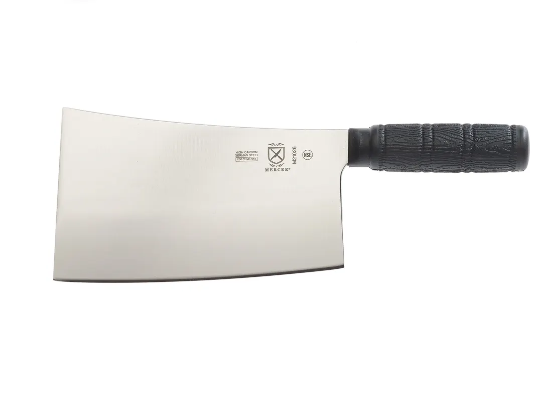 Mercer M21026 Kau Kong Chopper Cleaver, 7" German Carbon Steel Blade, Black Santoprene Handle, NSF