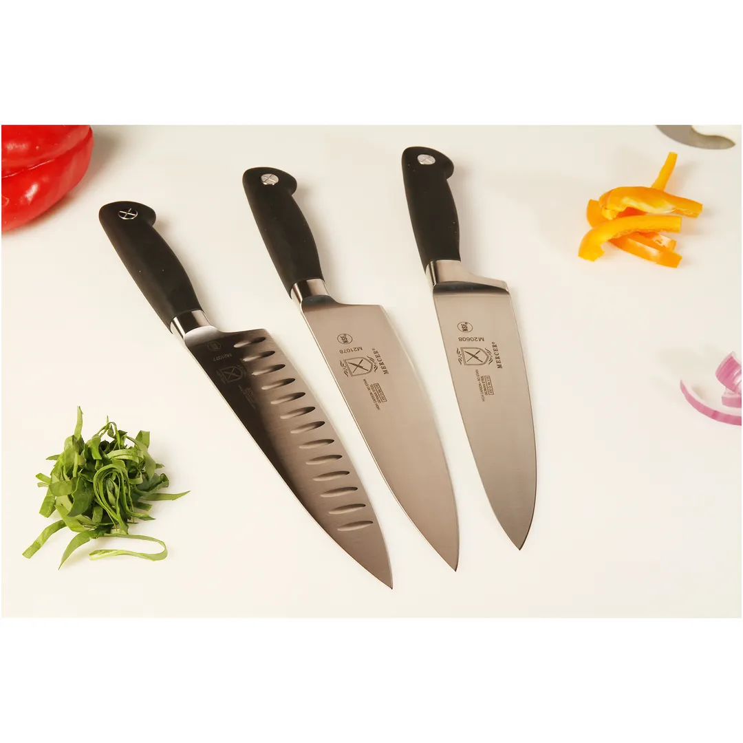 Mercer M21077 Genesis Chef Knife, 8" Granton Edge, Bolster, Steel Blade, Black Santoprene Handle
