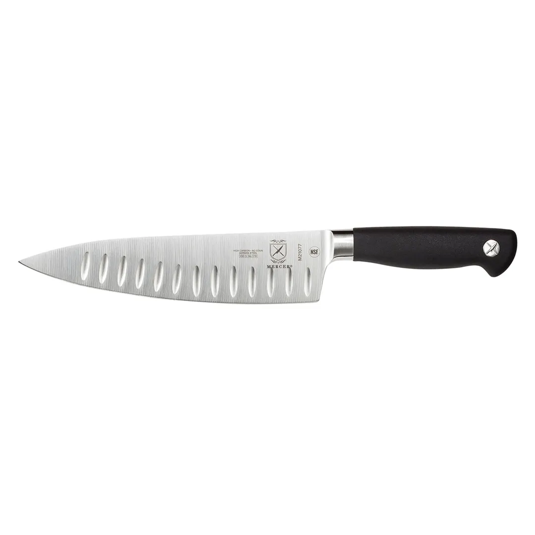 Mercer M21077 Genesis Chef Knife, 8" Granton Edge, Bolster, Steel Blade, Black Santoprene Handle