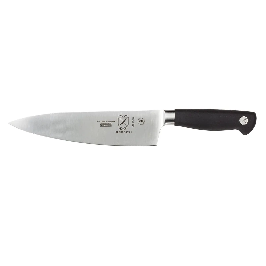 Mercer M21078 Chef’s Knife, 8" Forged High‑Carbon Steel, Black Santoprene Handle, Short Bolster, NSF