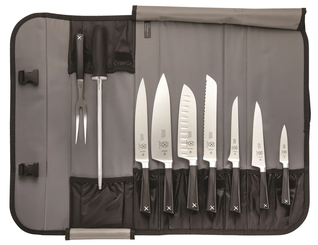 Mercer M21840 ZüM 10-Piece Knife Set, Steel, POM Handles, 3"-8" knives, fork, 10" steel, roll, NSF