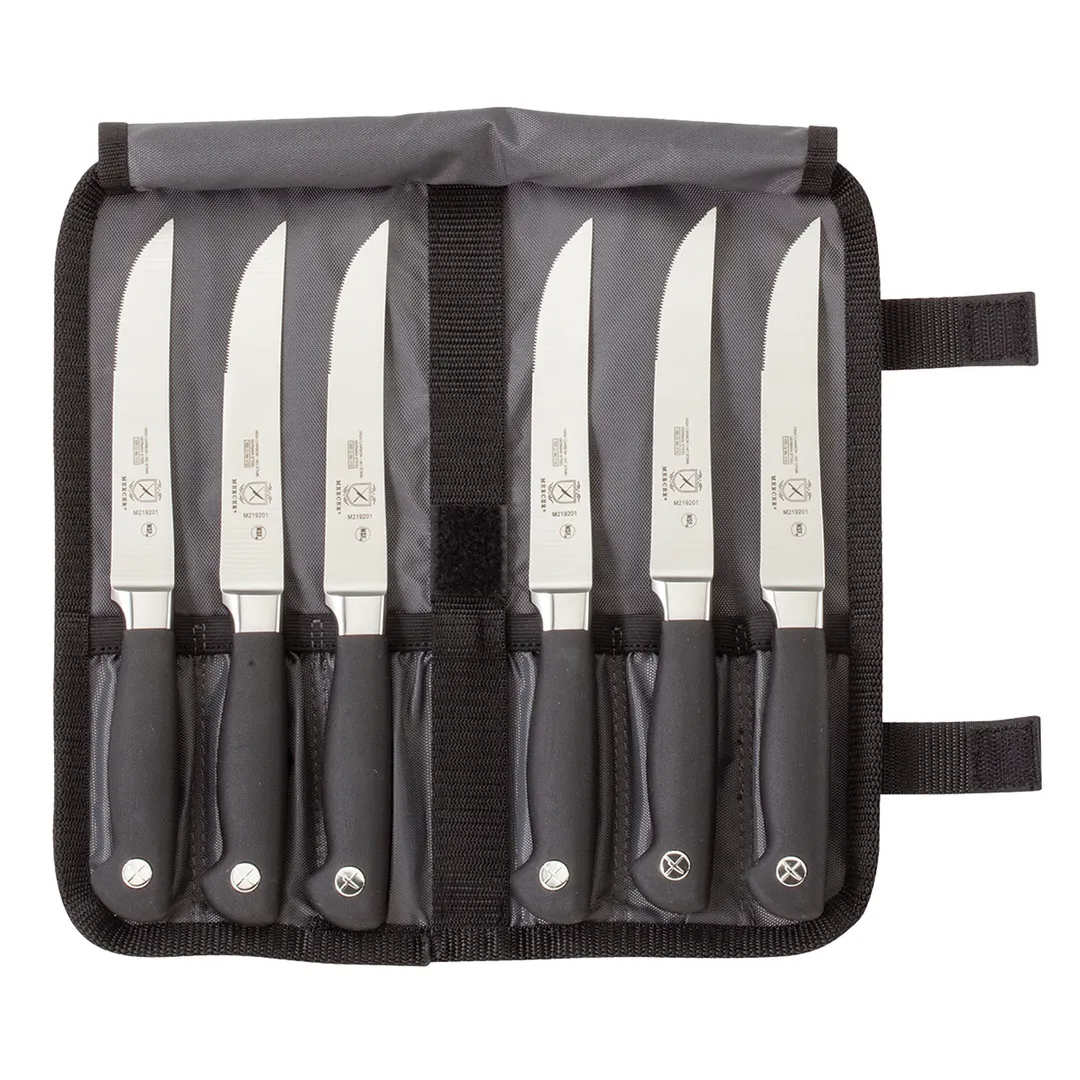 Mercer M21920 7-Piece Steak Knife Set, 6x5" Serrated Steel Blades, Santoprene Handles, NSF - 7/Roll
