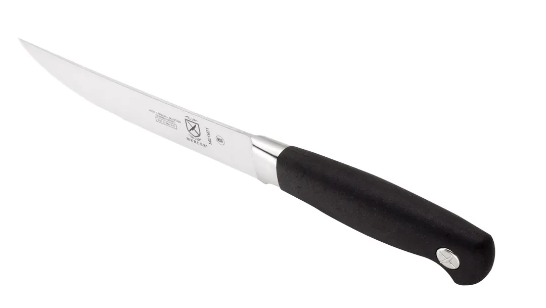 Mercer M21921 Forged 5" Serrated Steak Knife, 9-3/8" Black Santoprene Handle, Carbon German Steel