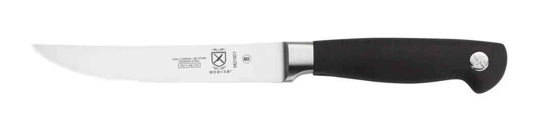 Mercer M21921 Forged 5" Serrated Steak Knife, 9-3/8" Black Santoprene Handle, Carbon German Steel