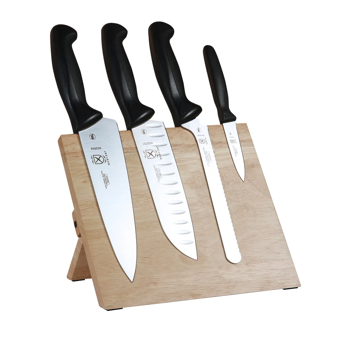 Mercer M21980 Magnetic Board – Knife Set: 8" Chef, 7" Santoku, 3½" Paring, 8" Bread, Black, NSF