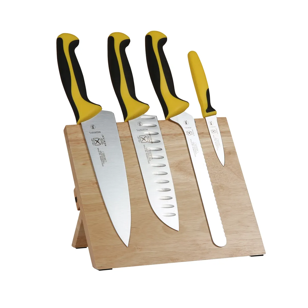 Mercer M21980YL - 5-Piece Board, Yellow Handles, Steel, 8" Chef, 7" Santoku, 3-1/2" Par, 8" Bread Knife