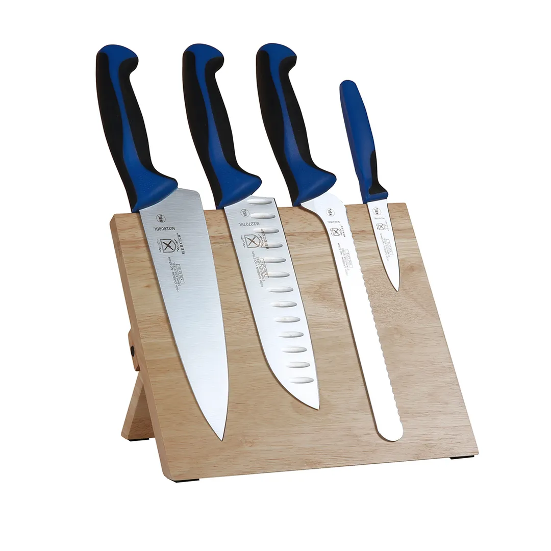 Mercer M21981BL Millennia – 5P Set: 8" Chef/7" Santoku/3½" Paring/8" Bread Wavy, Blue Steel, NSF