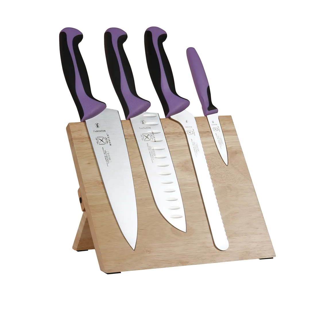 Mercer M21981PU 5‑Pk Knife Set Board, 8" Chef, 7" Santoku, 3½" Paring, 8" Bread, Steel, Purple, NSF