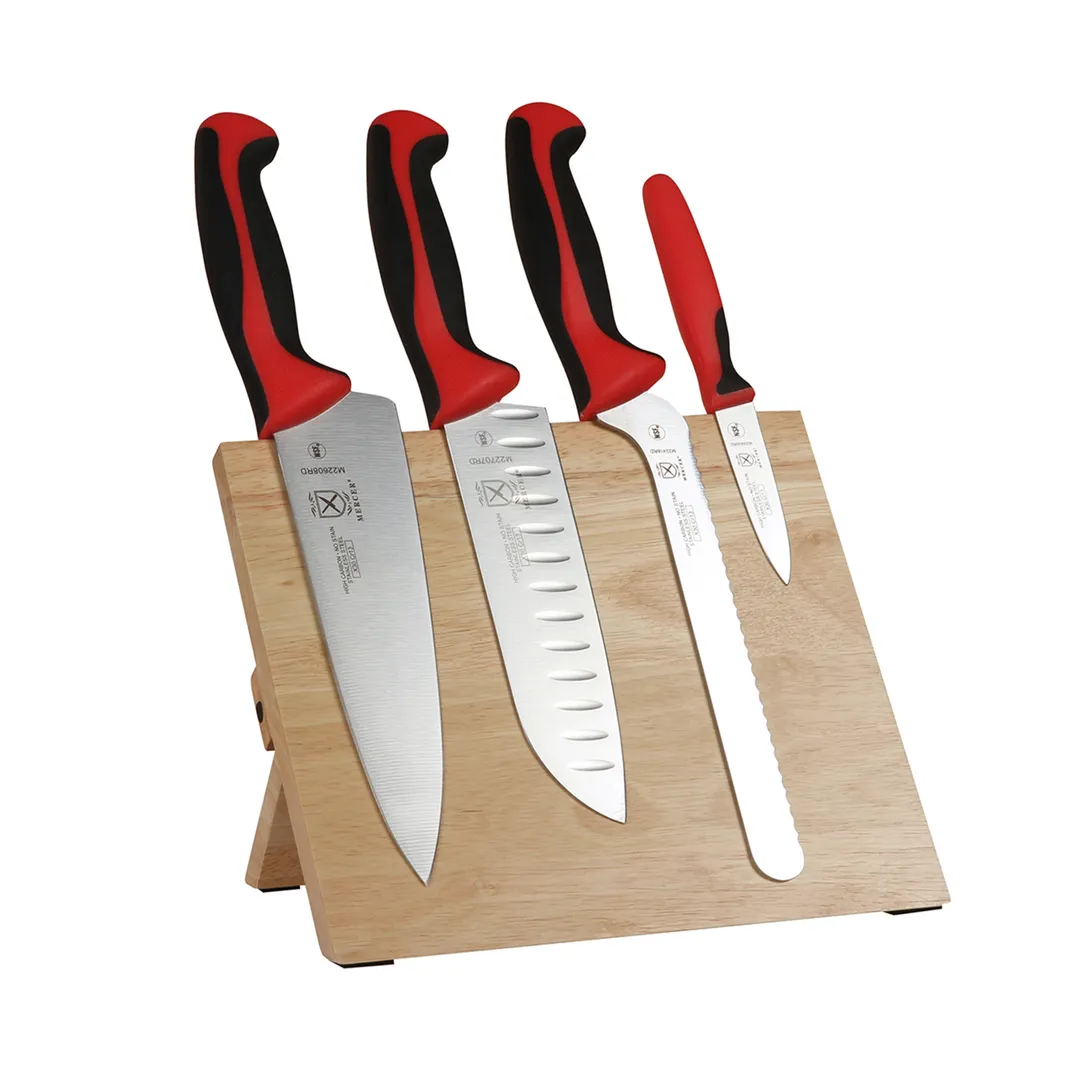Mercer M21981RD 5‑Piece Knife Set Magnetic Board, 8" Chef, 7" Santoku, 3½" Paring, 8" Bread, Red NSF