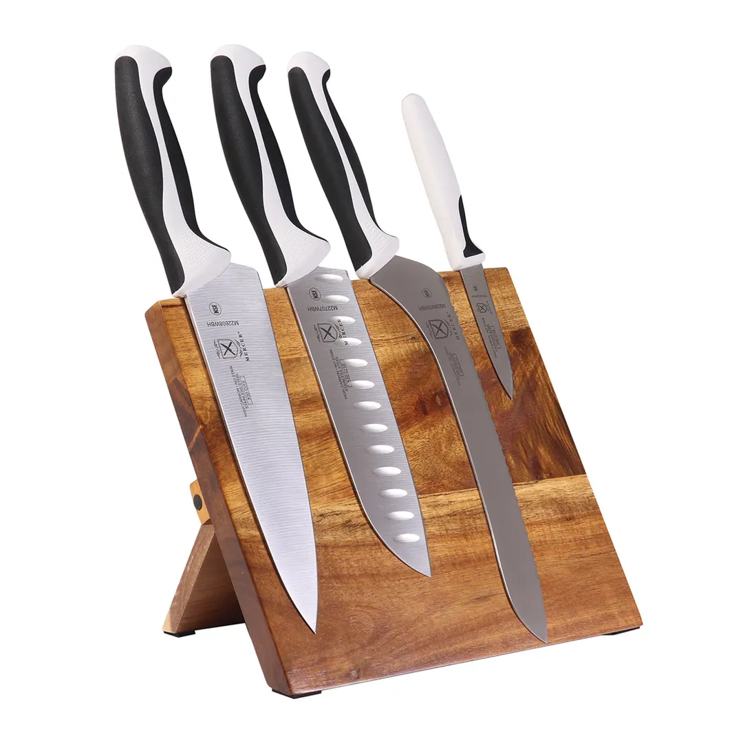 Mercer M21982WBH 5‑Piece Knife Set Board 8" Chef 7" Santoku 3‑1/2" Paring 8" Bread Jpn White NSF