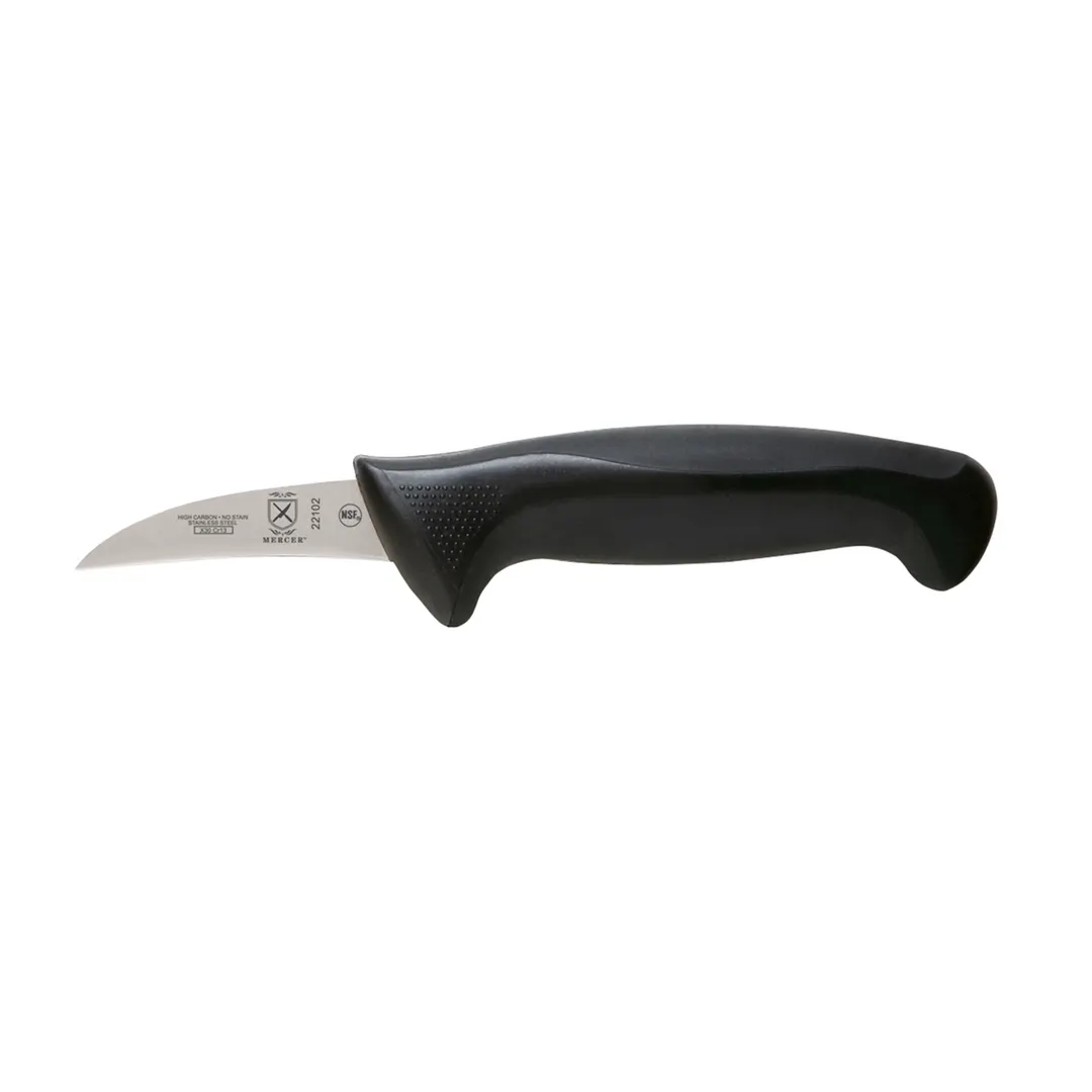 Mercer M22102 Millennia Peeling Knife, 2" Carbon Steel Bird’s Beak Paring, Black Plastic Handle NSF