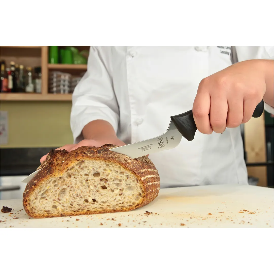 Mercer M22408 Bread & Sandwich Knife, 8" Stamped High‑Carbon Blade, Black Handle, Finger Guard