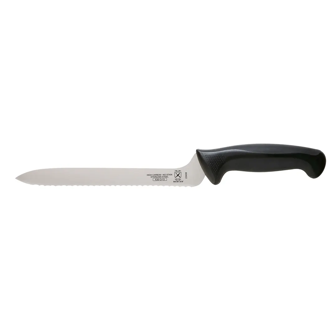 Mercer M22408 Bread & Sandwich Knife, 8" Stamped High‑Carbon Blade, Black Handle, Finger Guard