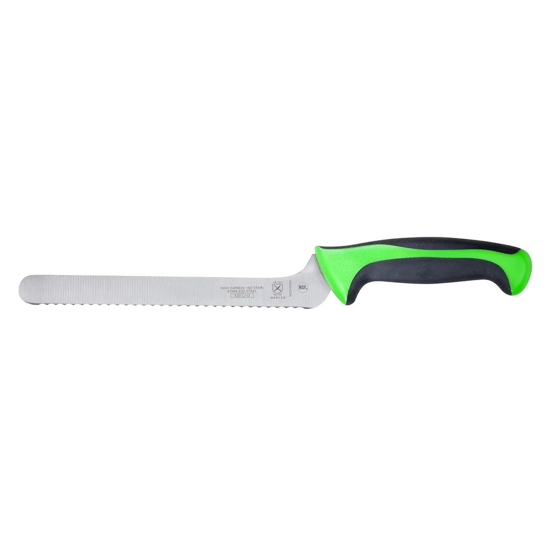 Mercer M22418GR Utility Knife – 8" Stamped, HC Steel Blade, Green Santoprene Handle, Guard, NSF