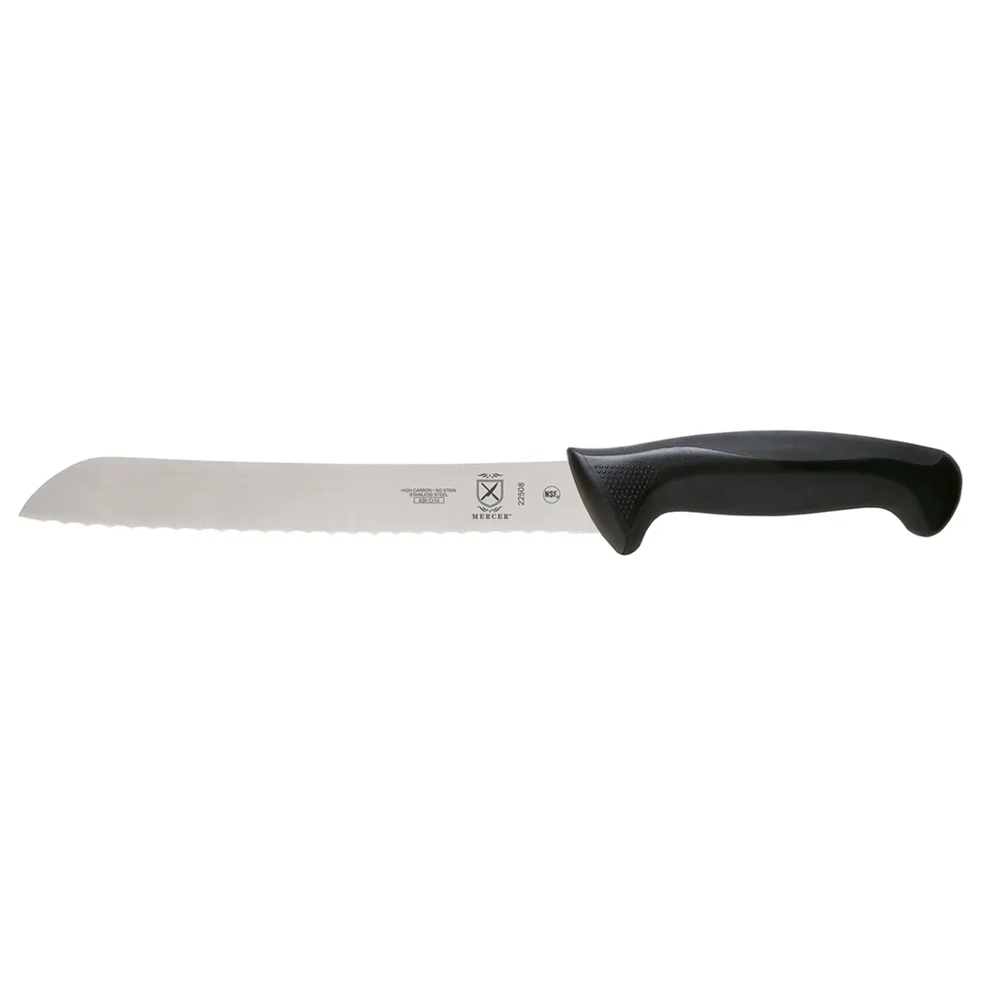Mercer M22508 Bread Knife, 8" Wavy Edge, Stamped Steel Blade, Black Santoprene/Polypropylene Handle