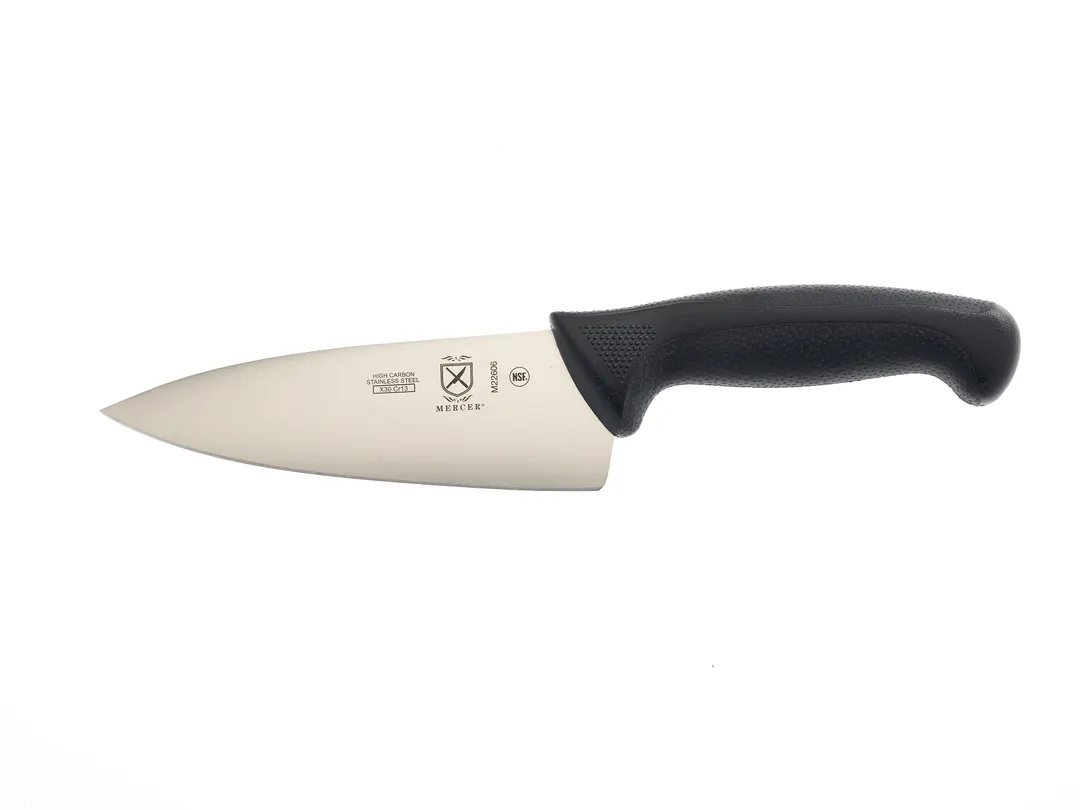 Mercer M22606 - 6" Stamped Chef Knife, Steel Blade, Black Santoprene Handle, Finger Guard, NSF