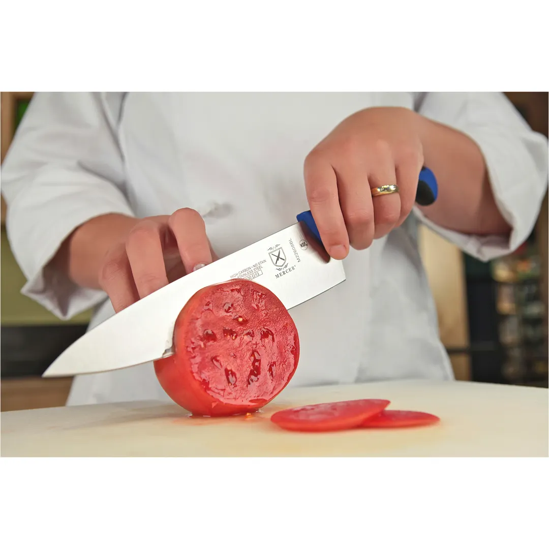 Mercer M22608BL Chef Knife – 8" Stamped Steel Blade, Blue Santoprene/Polypropylene Handle, NSF