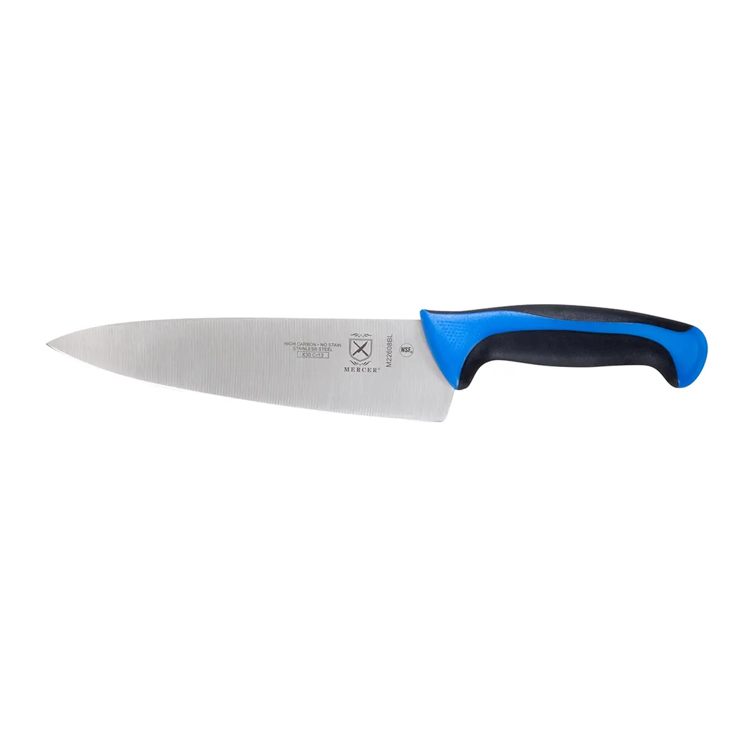 Mercer M22608BL Chef Knife – 8" Stamped Steel Blade, Blue Santoprene/Polypropylene Handle, NSF