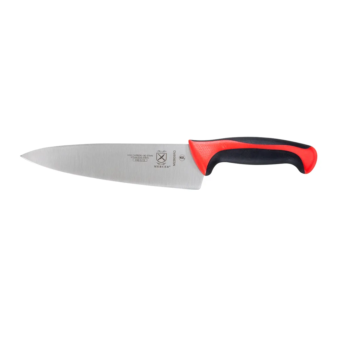 Mercer M22608RD Chef Knife – 8" Stamped Millennia, Japanese Steel Blade, Red Santoprene Handle, NSF
