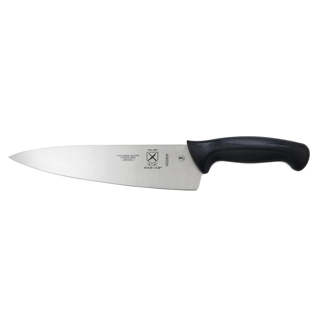 Mercer M22609 Chef Knife, 9" Stamped Steel Blade, Black Santoprene/Polypropylene Handle with Guard
