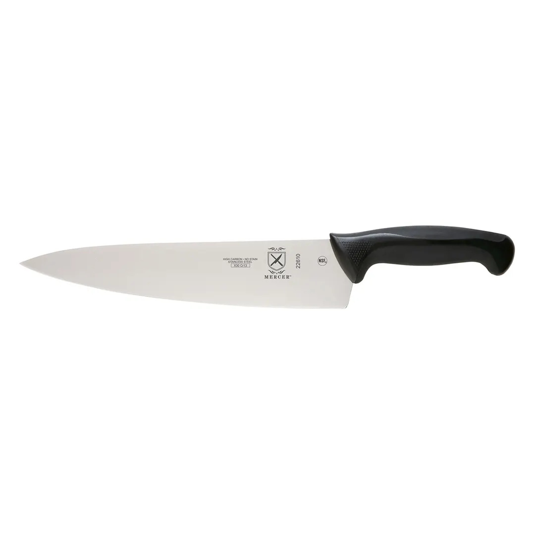 Mercer M22610 - 10" Knife Stamped, High Carbon Steel Blade, Black Santoprene Handle, NSF