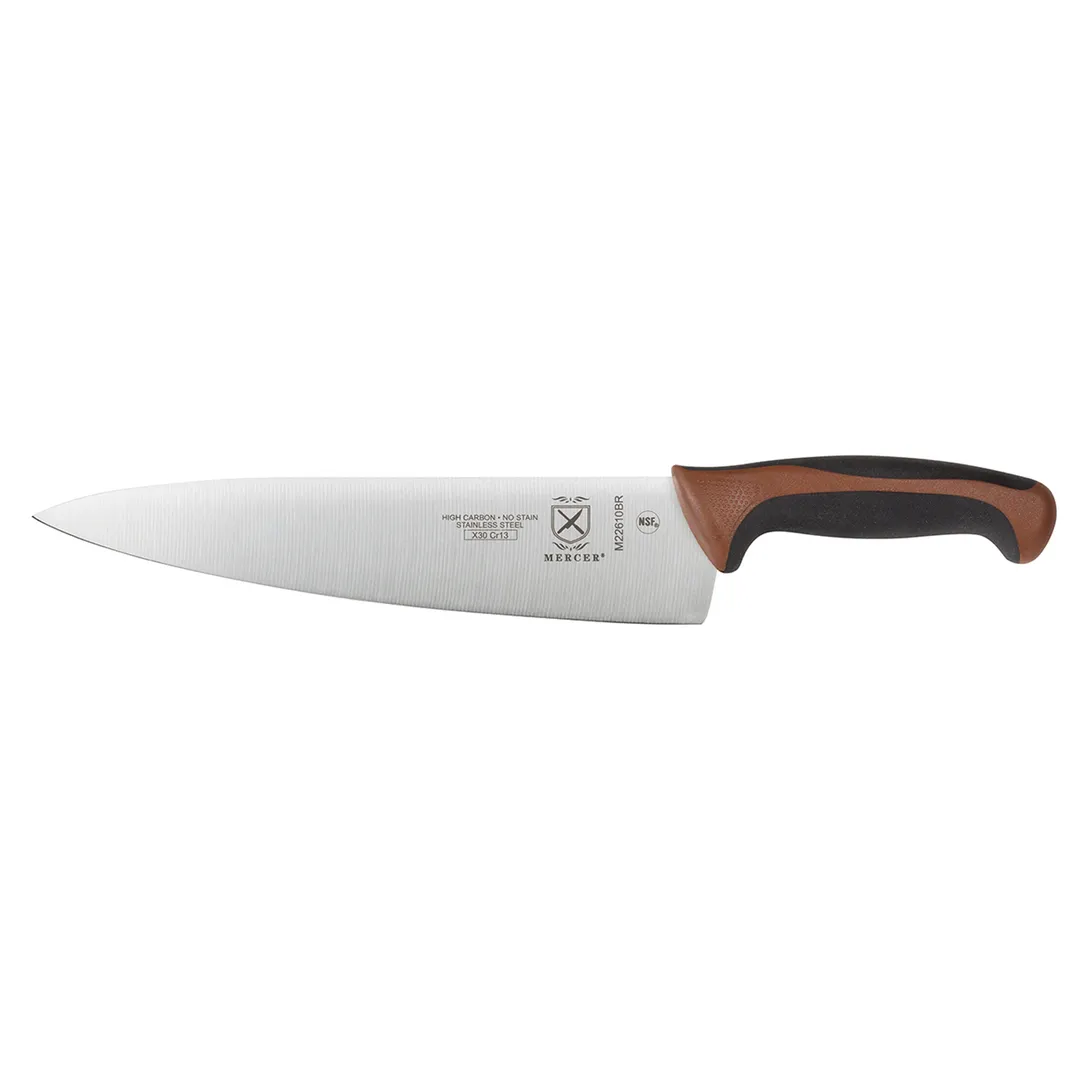 Mercer M22610BR Chef Knife – 10" Stamped Carbon Steel Blade, Brown Non‑Slip Santoprene Handle, NSF