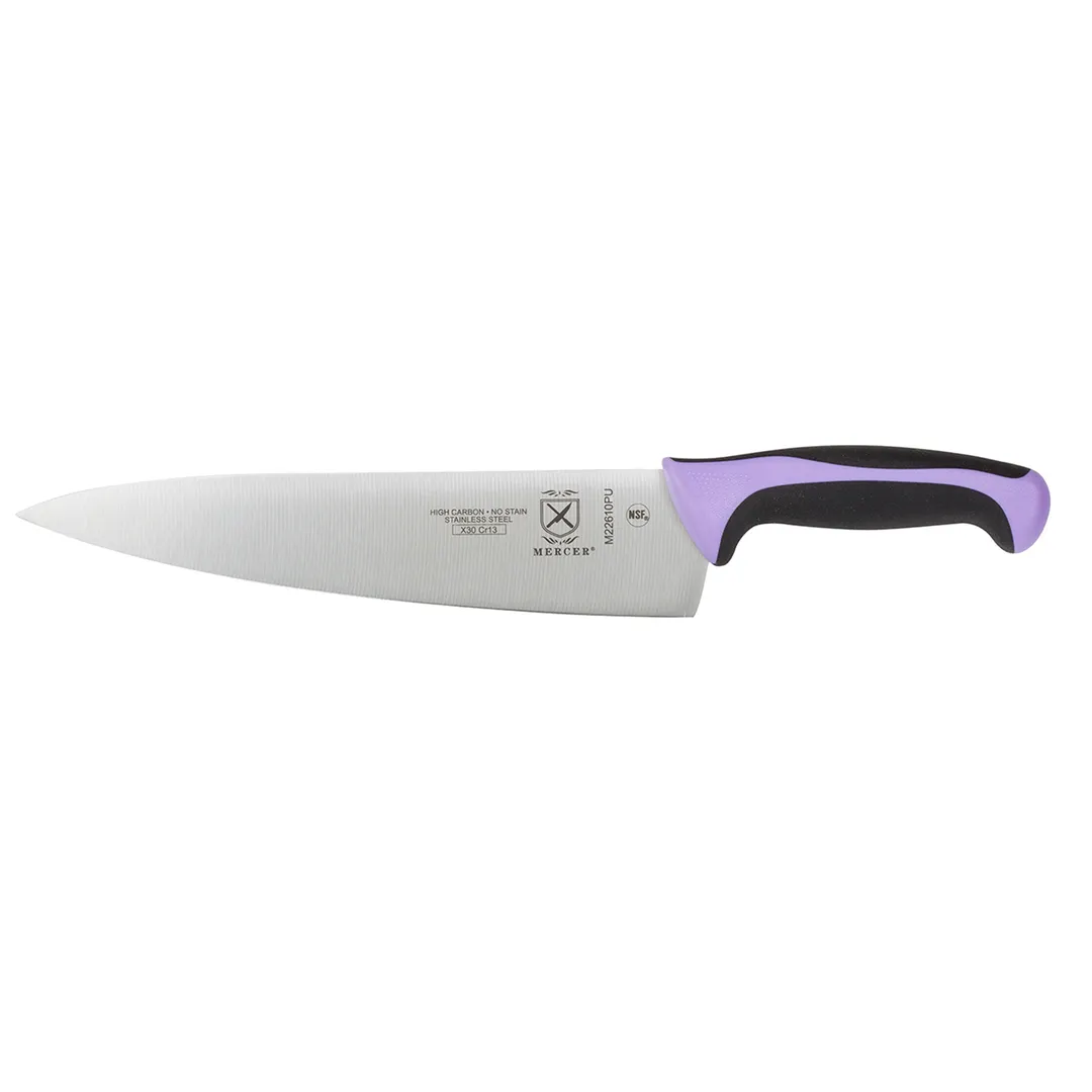 Mercer M22610PU Chef Knife – 10" Stamped Carbon Steel, Purple Poly Plastic Handle, Finger Guard, NSF