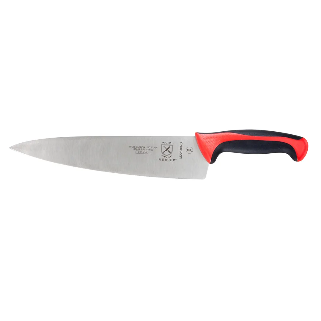 Mercer M22610RD - 10" Stamped Chef Knife, Steel Blade, Red Santoprene/Poly Handle, Finger Guard
