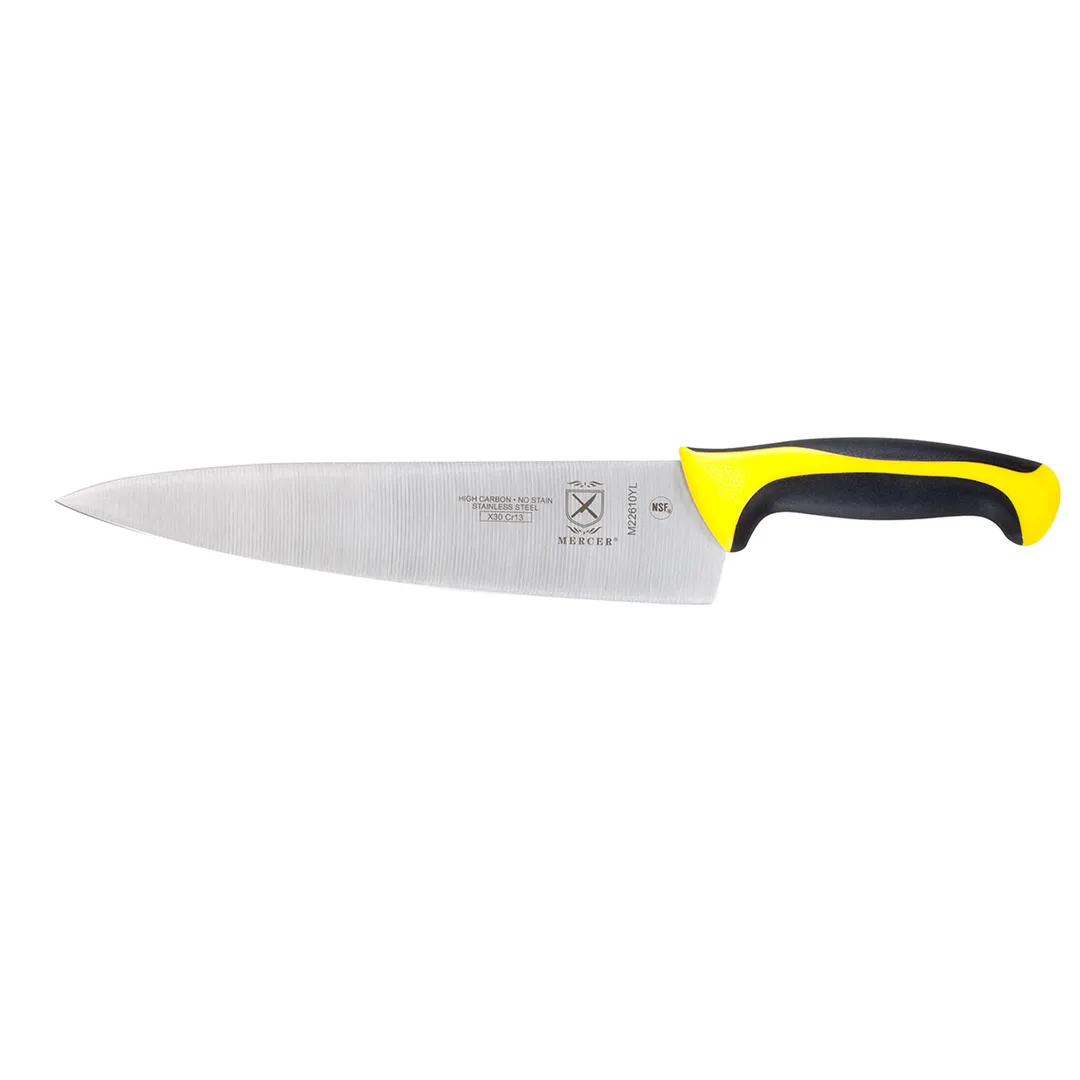 Mercer M22610YL Chef Knife - 10" Stamped Steel Blade, Yellow Santoprene Handle, NSF