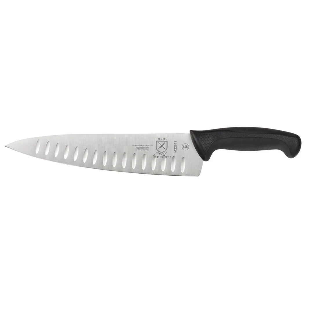 Mercer M22611 Millennia 10" Chef Knife – Carbon Blade, Black Plastic Handle, Granton Edge, NSF