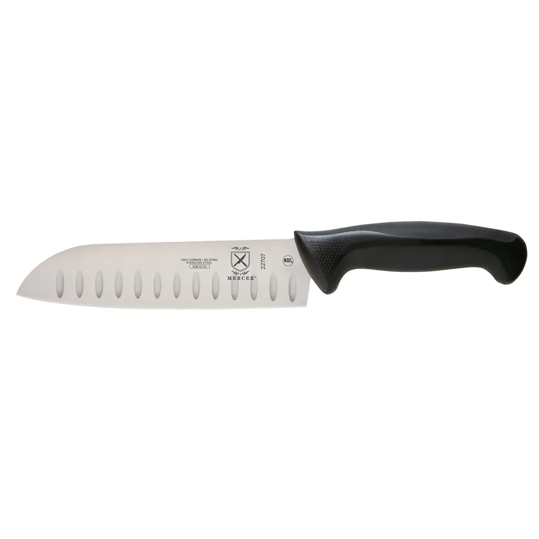 Mercer M22707 Santoku Knife, 7" Blade, Granton Edge, Japanese Steel, Santoprene Poly Handle, NSF
