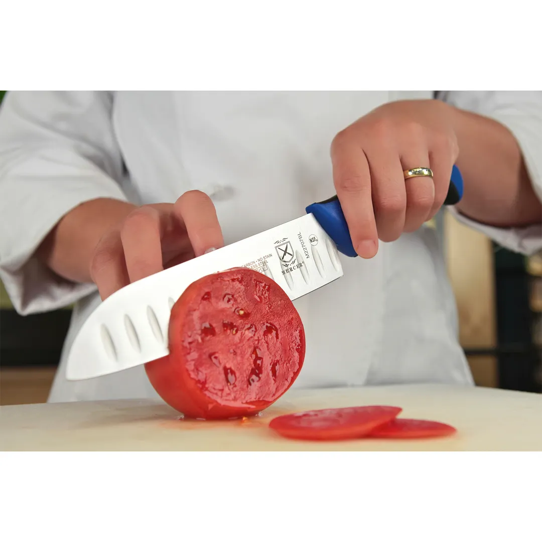 Mercer M22707BL - 7" Blue Santoku Knife Stamped High‑Carbon Granton Blade Santoprene/Poly Handle NSF