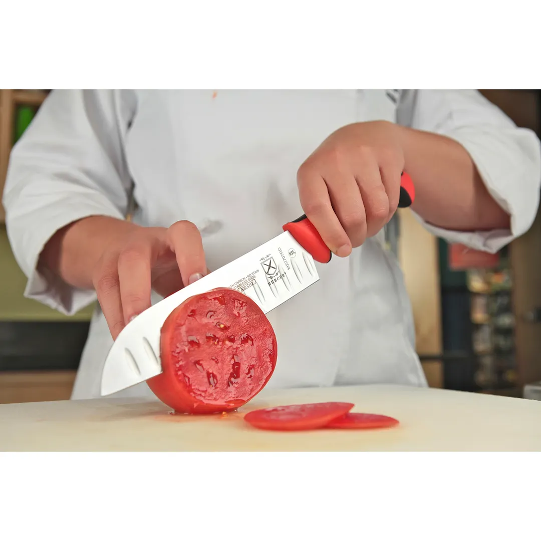 Mercer M22707RD - 7" Red Santoku Knife, High‑Carbon Steel, Granton Edge, Santoprene Handle, NSF
