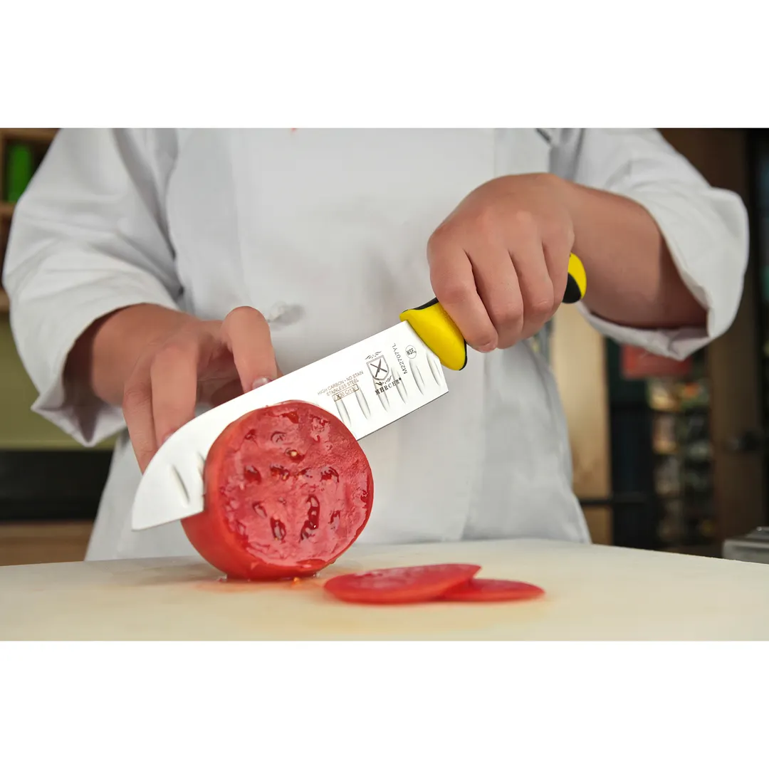 Mercer M22707YL – 7" Yellow Santoku Knife, Granton Edge, Carbon Steel, Santoprene/Poly Handle, NSF