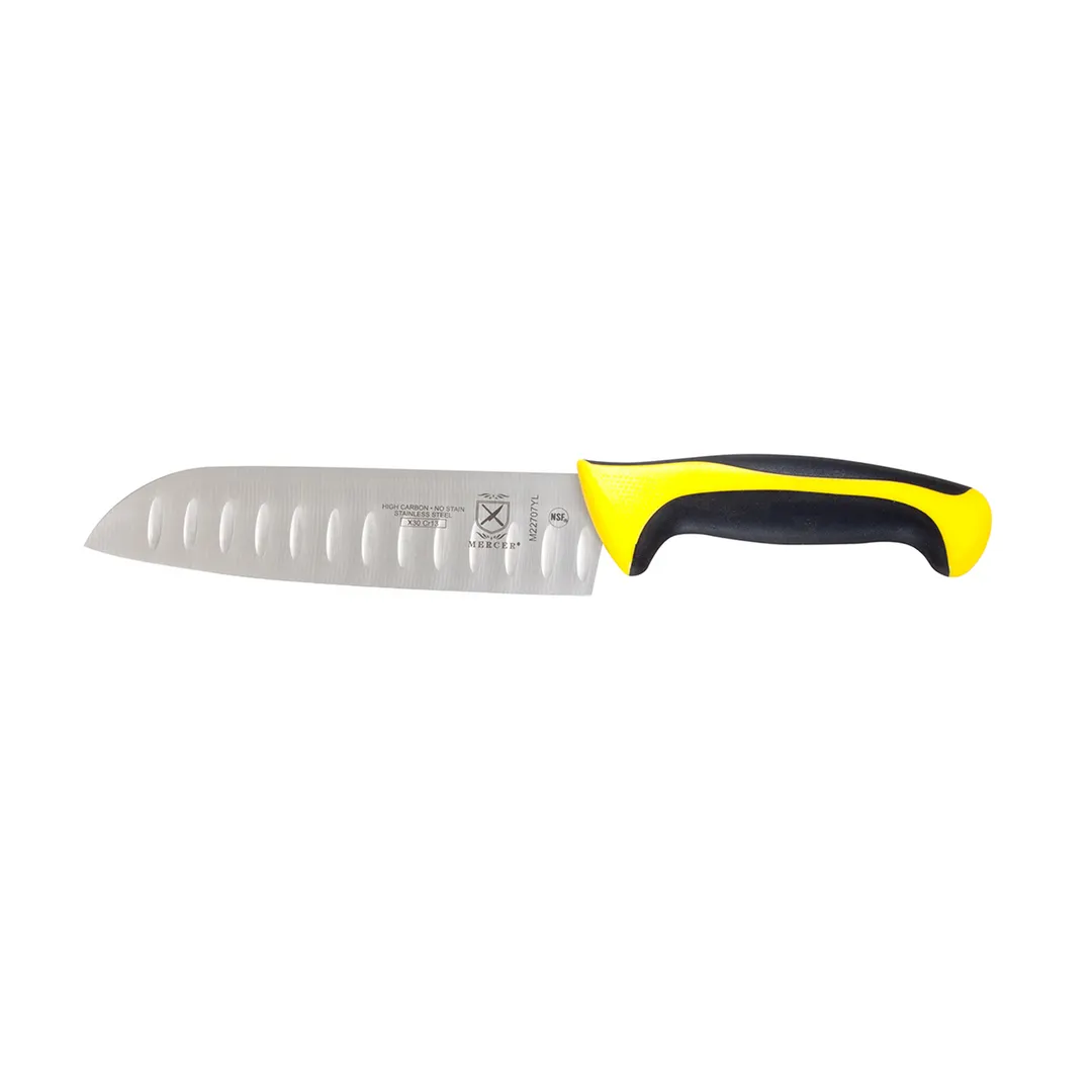 Mercer M22707YL – 7" Yellow Santoku Knife, Granton Edge, Carbon Steel, Santoprene/Poly Handle, NSF