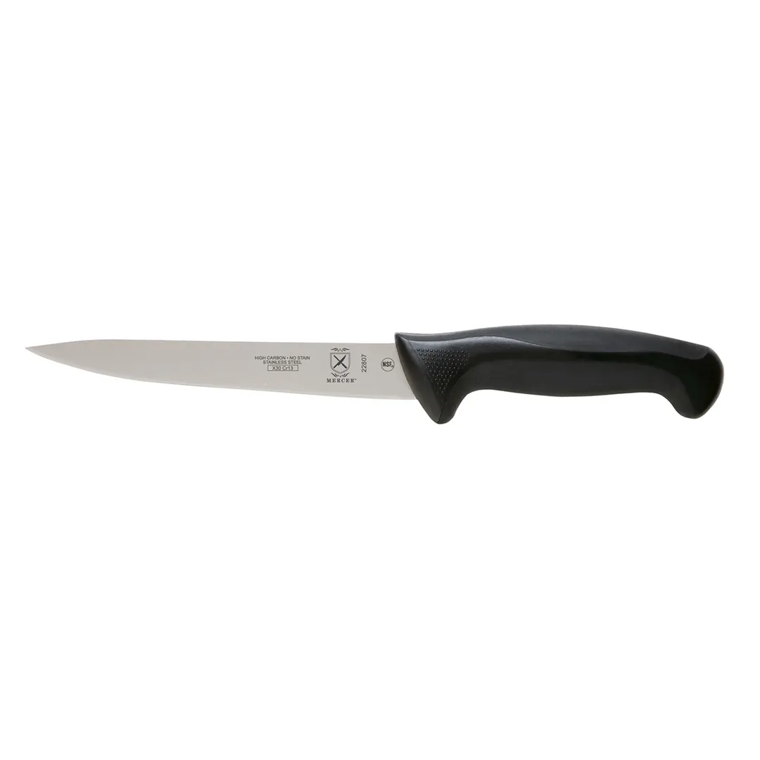 Mercer M22807 Millennia 7" Flexible Stamped Fillet Knife, Steel Blade, Black Santoprene Handle, NSF