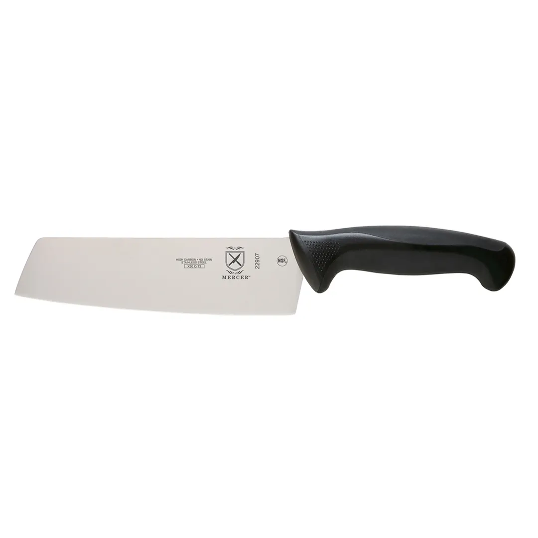 Mercer M22907 Nakiri Knife, 7" Stamped Japanese Steel, Black Santoprene/Polypropylene Handle, NSF