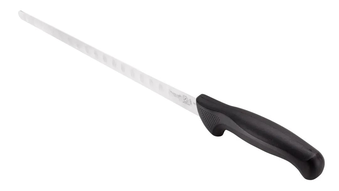 Mercer M23010 Salmon Slicer Knife, 10‑1/4" Granton Edge, Steel, Black Handle With Finger Guard