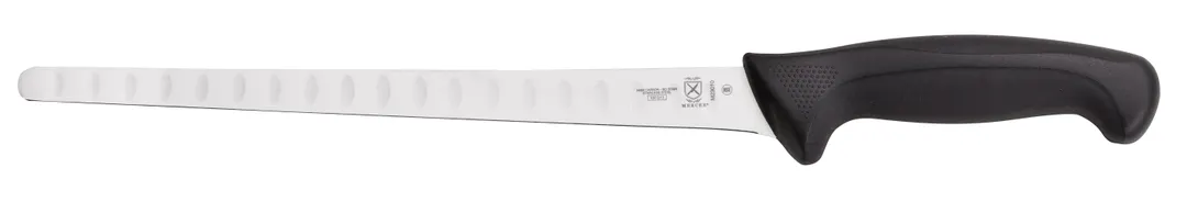 Mercer M23010 Salmon Slicer Knife, 10‑1/4" Granton Edge, Steel, Black Handle With Finger Guard